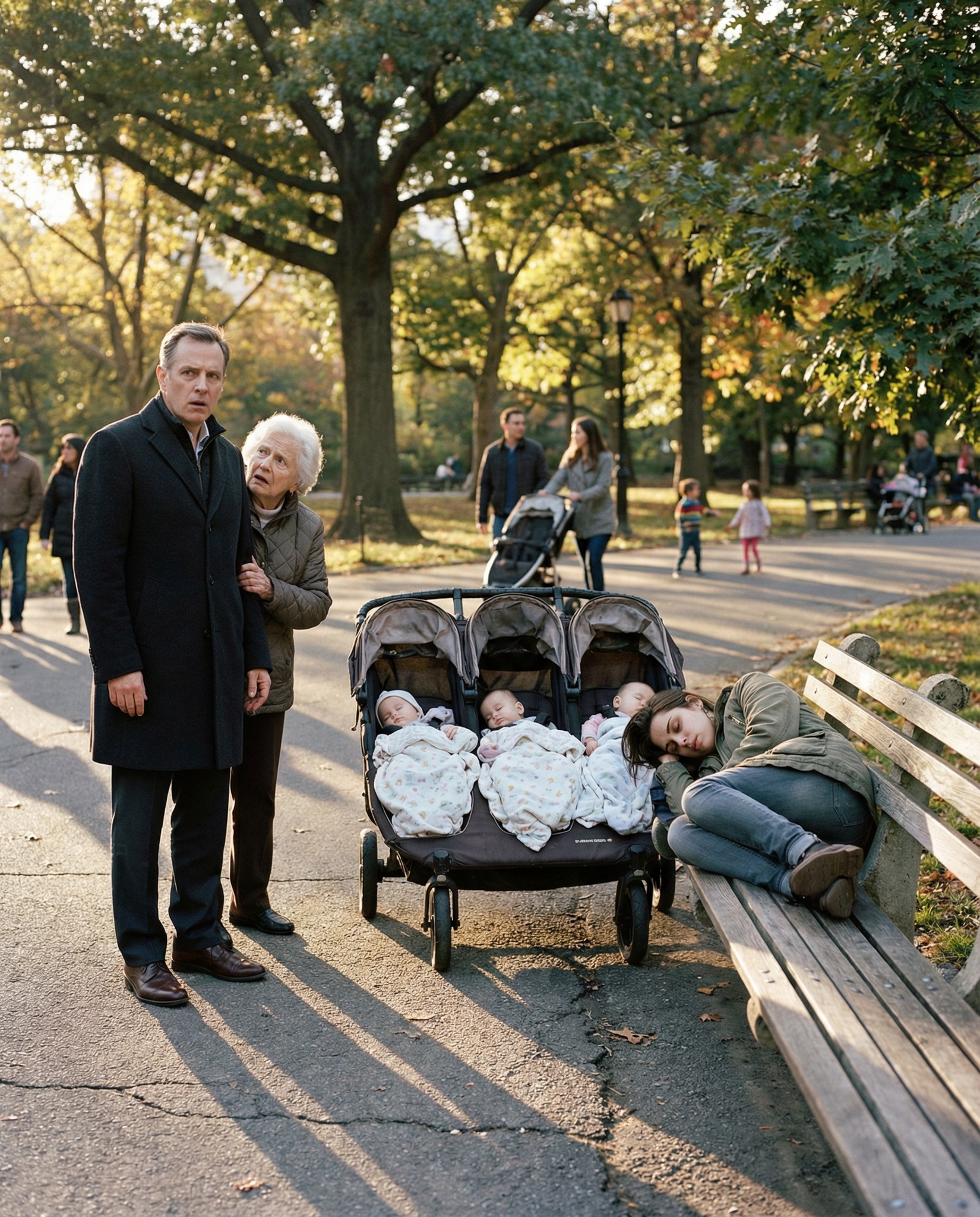 مليونير يخرج في نزهة مع والدته… فيتجمّد عندما يرى طليقته نائمة على مقعد ومعها 3 رُضّع